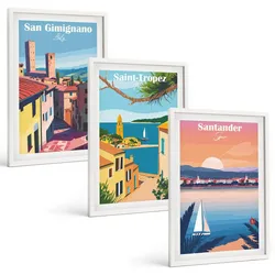 BILDER SET 3er Set - 40x60 cm Weißer Rahmen - Italienische Stadtlandschaften