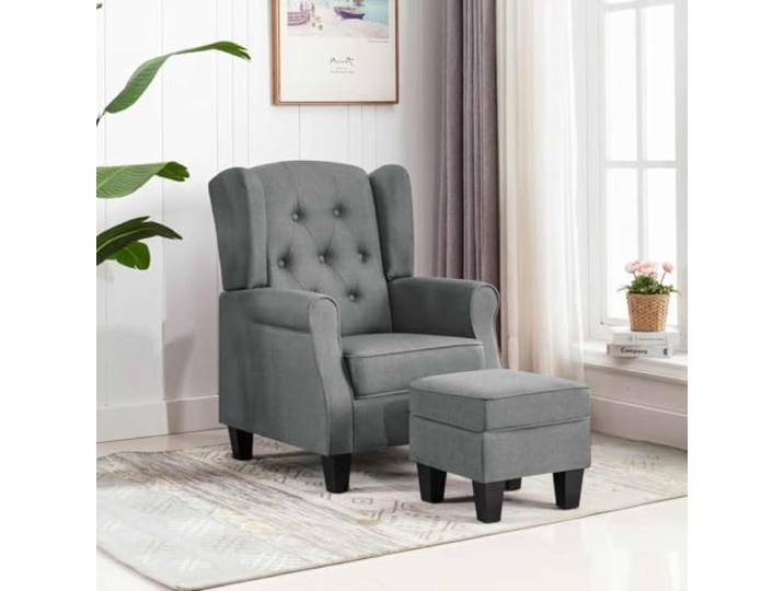 Sessel mit Fußstütze, hellgrauer Stoff, hohe Rückenlehne und Holzrahmen Weicher Stoff, widerstandsfähiger Schaumstoff, abnehmbare Fußstütze, vielseitig einsetzbar, moderner Stil