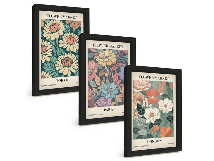 BILDER SET 3er Set - 20x30 cm Schwarzer Rahmen - Blumenposter Tokio Paris London