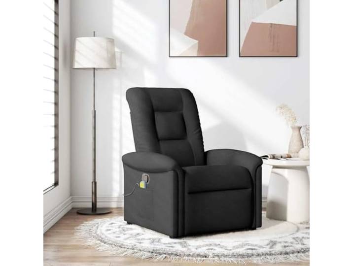 Massagesessel Schwarz Stoff mit Liegefunktion 6 Massagepunkte,manuelle Liegefunktion 135 Grad,USB-Betrieb,Handsteuerung,Seitentasche,Holz-Metall-Rahmen