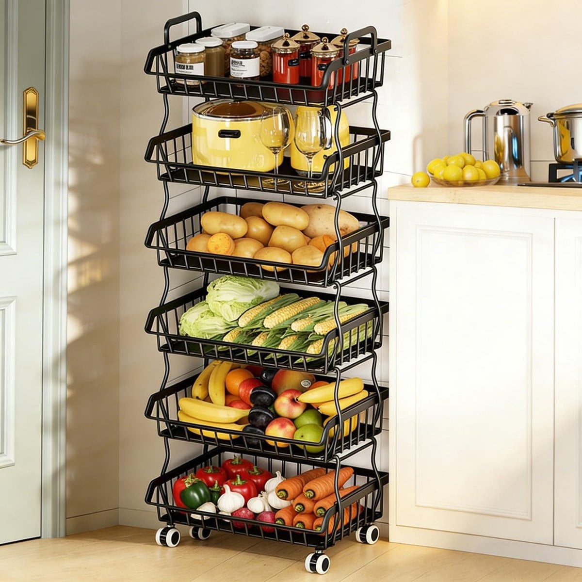 Stapelbare draadmand met handvat en wielen, multifunctionele opbergwagen voor keuken, badkamer of slaapkamer