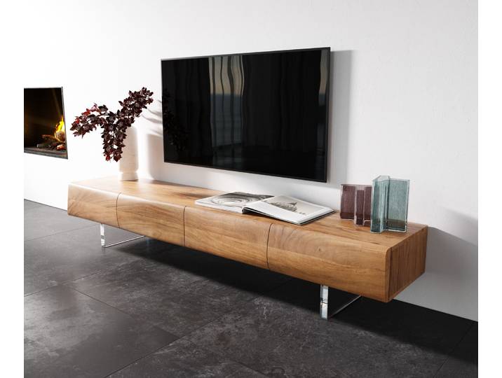 Meuble TV New Live Edge 200 cm acacia naturel 4 portes pied acrylique