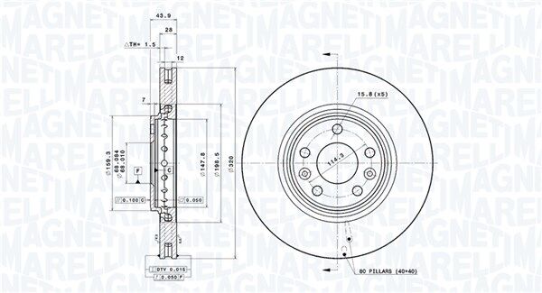 Magneti Marelli Bremsscheibe 360406112101 Innenbelüftet-Belüftung Mit Tropfenförmigen Flügeln 320mm 28mm Für Renault