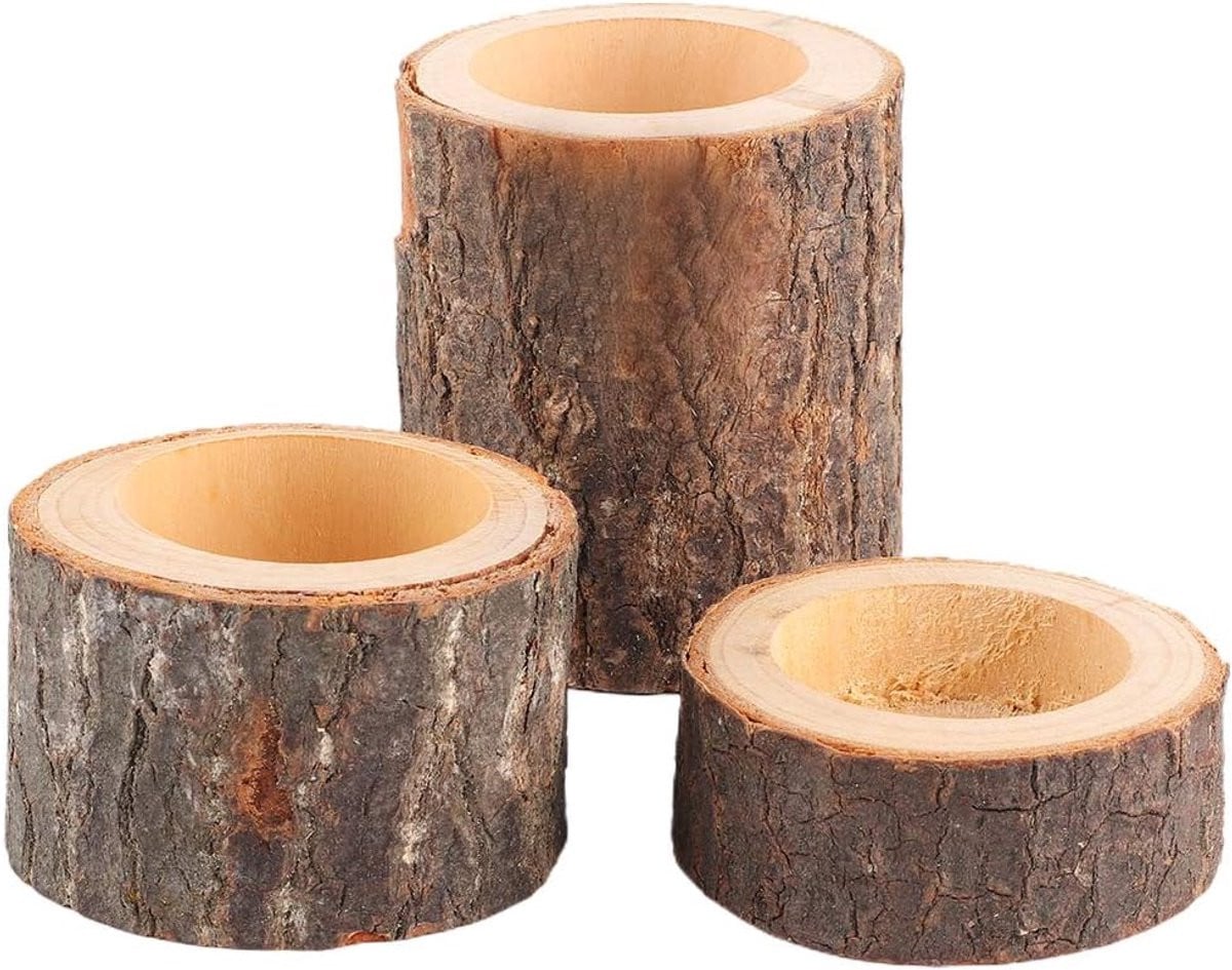 Set van 3 houten theelichthouders voor sfeerverlichting en decoratie