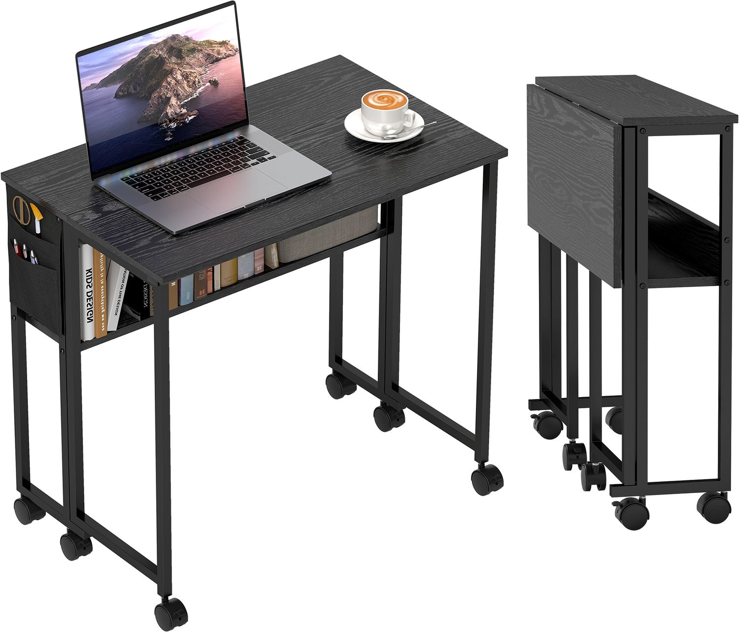Ruimtebesparend opklapbaar bureau met plank, opbergvak en wielen, zwart
