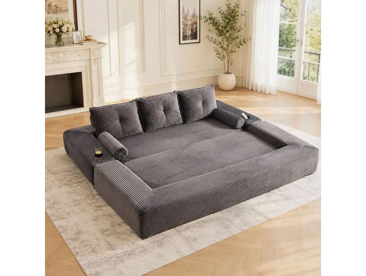 Canapé convertible - SOGEU - 232x98x80 cm banquette lit - Velours côtelé gris foncé - Mousse 30D - Porte-gobelets poches