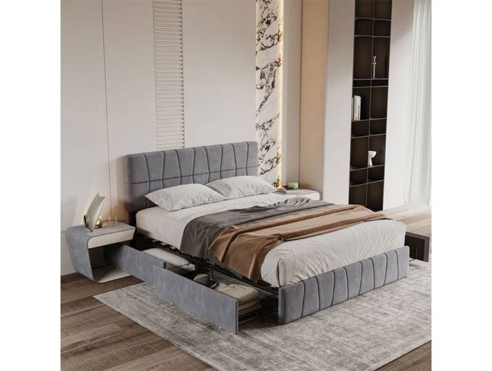 Lit double 160x200cm - Lit rembourré 160x200cm - Cadre de Lit Rembourré avec 4 Tirois de Rangement - Sans matelas - Gris