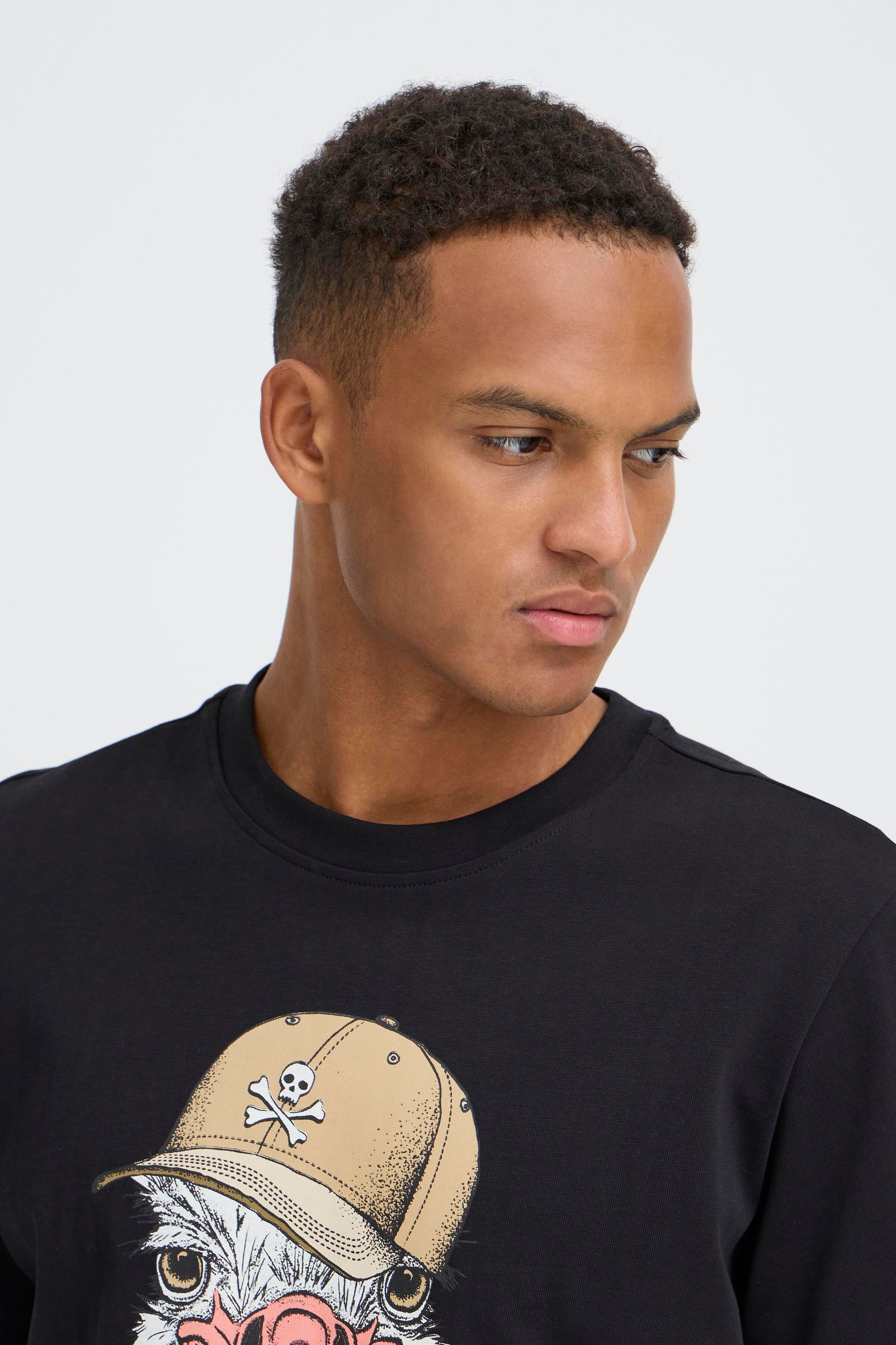 T-Shirt BLEND "BHKURT FUNNY GRAPHIC S/S TEE", Herren, Gr. L, schwarz (weiß ostrich), Single Jersey, Obermaterial: 100% Baumwolle, bedruckt, regular fit normal, Rundhals, Shirts T-Shirt, mit normaler Länge, ohne Verschluss, aus Baumwolle und Single Jersey 