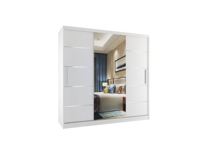 BELINI Grande Armoire 3 Portes Coulissantes VERONA MT 200 cm - Blanc Mat - Miroir Intégré & 4 Tiroirs - Chambre Adulte