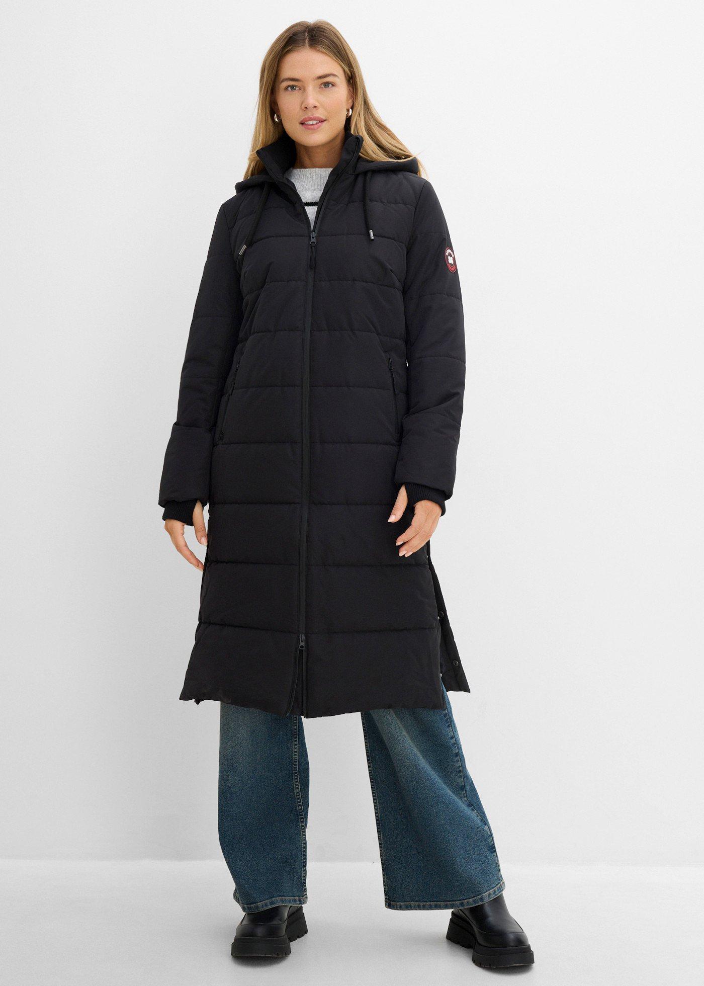 bonprix wasserabweisender Funktions-Outdoor-Steppmantel, schwarz, Gr.42, Warmer Funktions-Wintermantel mit knöpfbaren Seitenschlitzen und verschließbaren Taschen, weit geschnitten