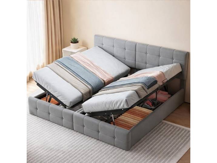 Velours cool gray lit tapissé double avec rangement hydraulique 180x200 cm style classique pour chambre à coucher