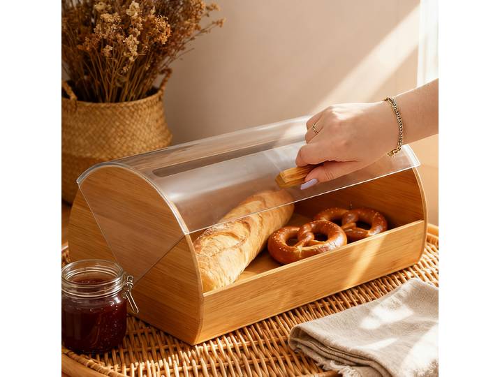 Bac à pain roulant en bambou Durable, couvercle en acrylique incassable, stockage de cuisine hermétique, pain, Biscuits, conteneur de comptoir