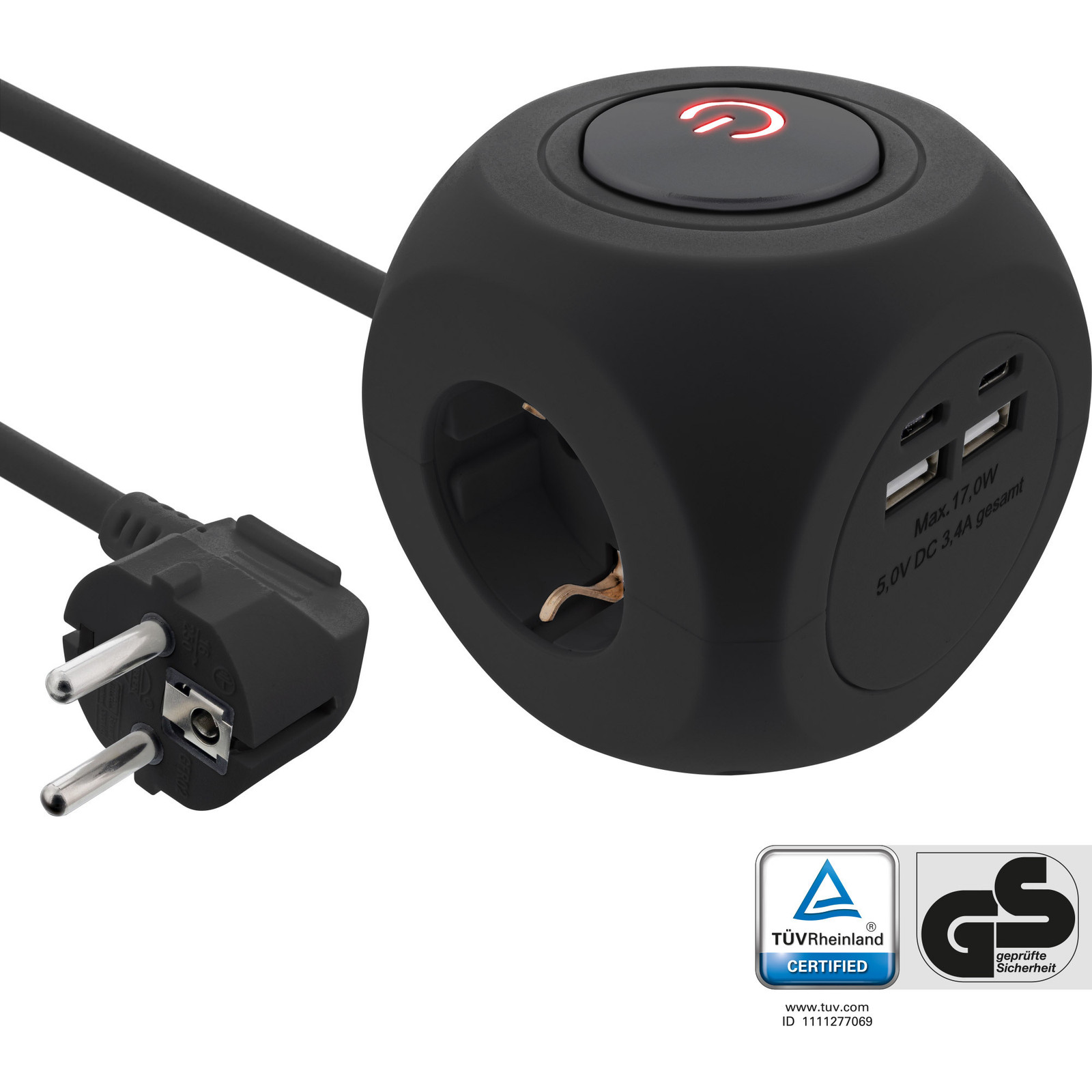 InLine Oplaadblok met 3 beveiligingscontacten, 2x USB-C en 2x USB-A, zwart, 2 meter