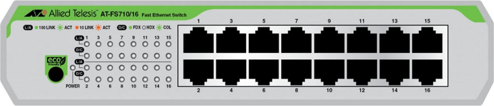 Allied Telesis CentreCOM AT-FS710/16 Switch - 16 x 10/100 poorten - Onbeheerd - Desktop of Rackmount