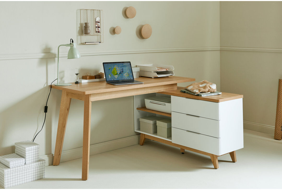 George Oliver Arriaga Modular L-Shaped Computer Desk White/Oak 76.1cm H X 140cm W X 118cm D