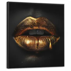 LEINWAND Bilder mit Rahmen - Frau - Porträt - Lippen - Gold - Schwarz - 90x90