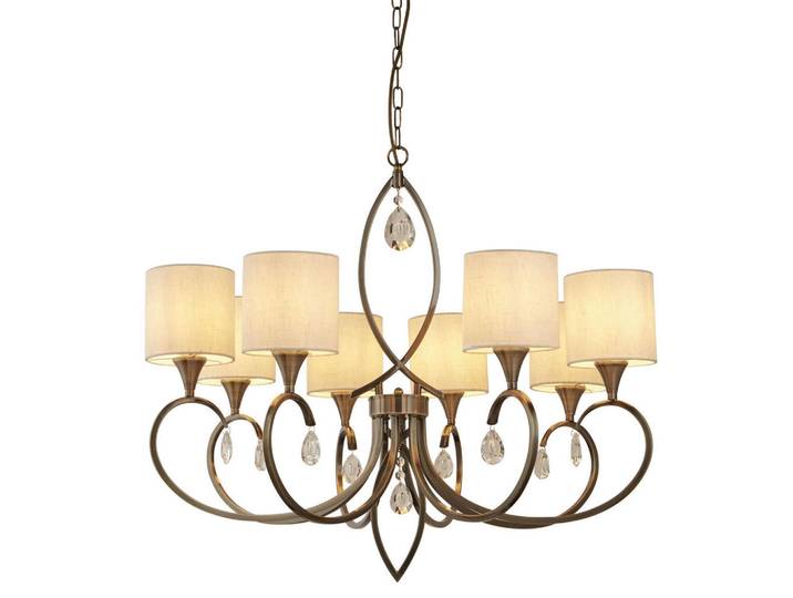 Kristall-Hängeleuchte Alberto, Beige, Messingfarben, Metall, Glas, 121 cm, höhenverstellbar, Lampen & Leuchten, Leuchtenserien