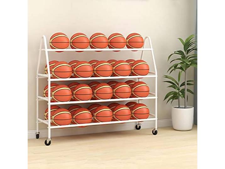 Aufbewahrung Regal Für Fußball Basketball 4-stöckiges Kugelwagen Mit Rädern Platzsparend Ball Halter Aufbewahrung Für Rugby Volleyball Fußball, Basketball-Regal(White,123cm)