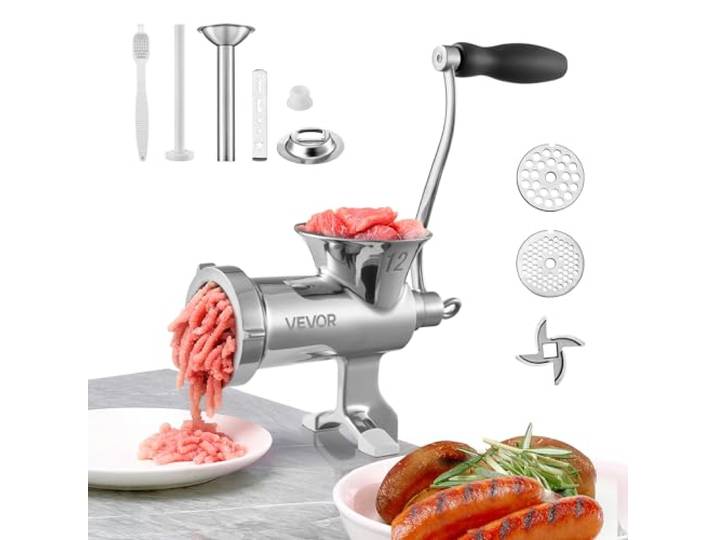 VEVOR manuelle Fleischwolf Hand Wurstfüller 304 Edelstahl, 4,5 & 8 mm Schneidplatten Handfleischwolf Fleischmaschine mit Wurstrohr, geeignet für Fleisch Schleifen Wurstfüllung Silber