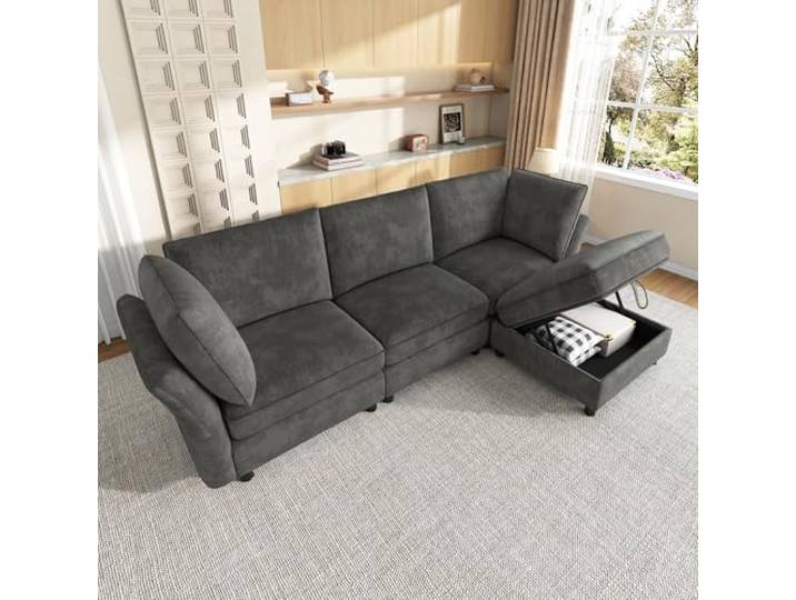 Aunvla Modulares Sofa, frei kombinierbares L‑Ecksofa, mit Stauraum‑Hocker, Cloud‑Sofa Sitzgefühl, weich gepolstert, Chenille Stoff, 2 Armlehnenkissen, 4‑Sitzer, für Wohnzimmer & Schlafzimmer, Grey
