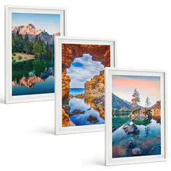 BILDER SET 3er Set - 40x60 cm Weißer Rahmen - Spiegelungen der Felsen in Bergseen