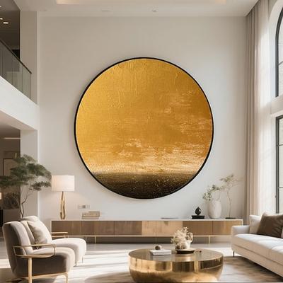 handgemachte kreisförmige ozeanische Leinwand tiefer Saphirgold-Farbverlauf leuchtende Reflexion goldener Horizont Kontrast abstrakter Himmel und Meer strukturierte Farbe moderne beruhigende Wandkunst