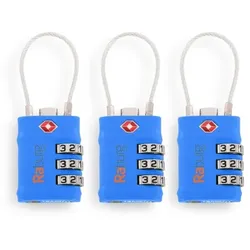 Raburg TSA-Zahlenschloss 3er-Set mit 3-stelliger Kombination & flexiblem Drahtbügel, Vorhängeschloss aus Zinklegierung & Stahl, Blau