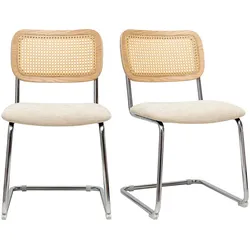Stoffbezogene Designstühle in texturiertem Beige-Samt-Effekt, verchromtes Metall und Rattan-Geflecht (2er Set) ELECTRA