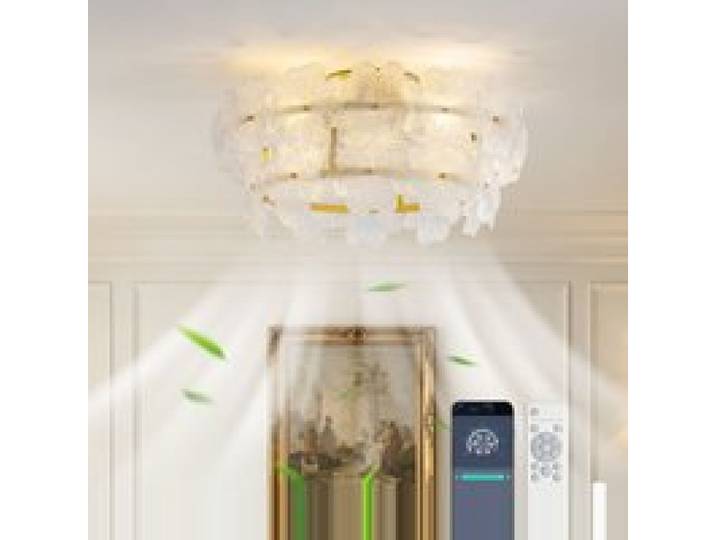 Lustre ventilateur 19 pouces capot cristal en verre pales ABS moteur DC économe 6 vitesses réglables
