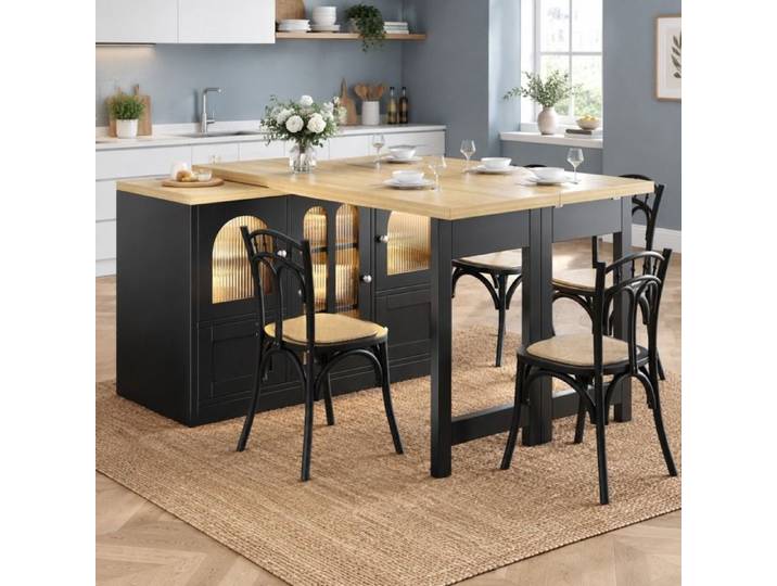 MEULVA Buffet 3-en-1 pivotant 360° table extensible 120-197 cm LED RGB MDF noir