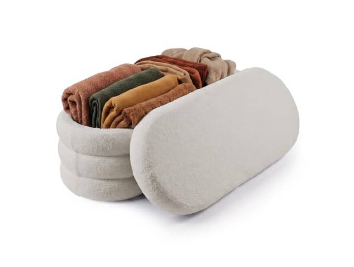 Relaxdays Banc rembourré en tissu teddy avec rangement\, H×L×P: 42×110×45 cm crème