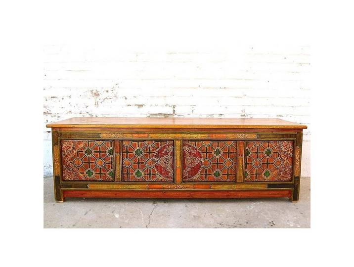 Luxury-Park-Direct Kommode Tibet Lowboard Multicolor Motifbemalung Unikat rot orange.Luxury Park