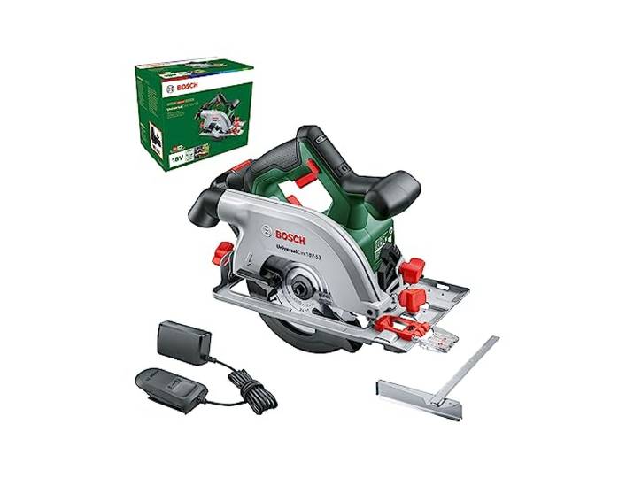 Bosch Home and Garden Scie circulaire sans fil Bosch - UniversalCirc 18V-53 (coupes précises dans le bois ; profondeur de coupe maxi 53 mm ; système 18V ; 1 batterie 2.5 Ah et chargeur)
