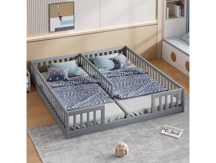 Lit au sol Enfant Lits Enfant 90x200 cm avec Barriere Lits Cabane Deux Places avec sommier à lattes Grimper Sortir Lit Gris