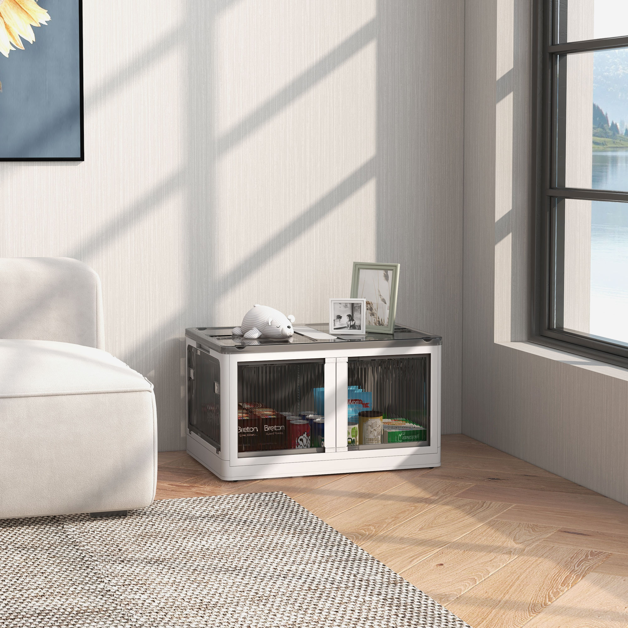 Homcom Contenitore in Plastica con Coperchio Impilabile e Pieghevole, 5 Aperture con Blocchi, 4 Ruote, 60x42x34 cm, Bianco   Aosom Italy