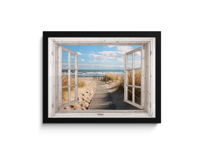 MuchoWow Poster MIT Rahmengerahmtes Bild - Fenster - Meer - Küste - Natur - Ausblick - Strand - Wattenmeer - 40x30 cm, Beige, Papier, Rechteckig, 40x30 cm, gerahmt, Bilder & Rahmen, Bilder