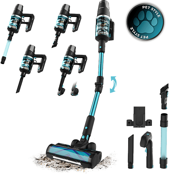 Aspirador escoba - Cecotec RX50 Pet Flex, 300 AW, 780 W, 90 min, Cepillo HairLess, Tubo flexible, Kit completo, Negro/Azul