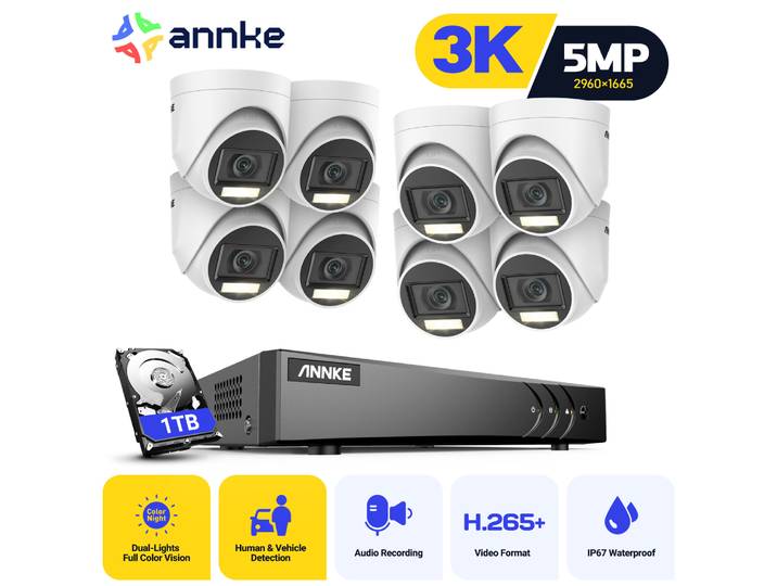 ANNKE-Système de caméra de sécurité vidéo HD Lite, 8 canaux, 5 en 1, H.disparates + DVR, avec 8X caméras de vidéosurveillance breton à domicile