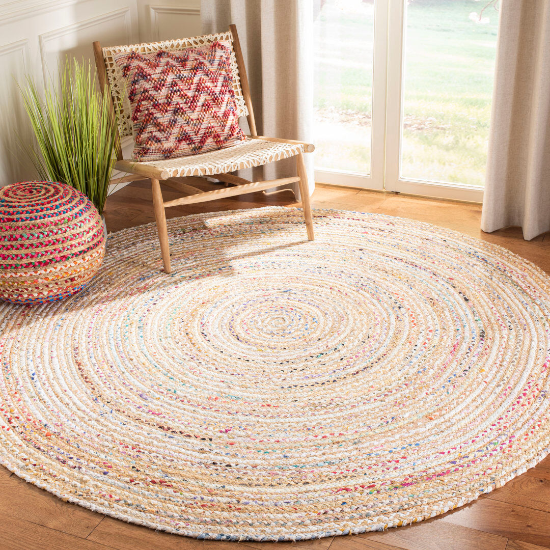 Blue Elephant Herzig Flatweave Cotton Beige/Yellow Rug Yellow;Beige Round 213 cm
