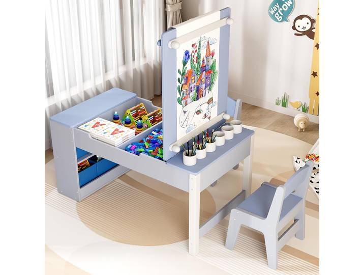 Ensemble table à dessin et chaises 3 en 1 pour enfants, table artisanale d'activité en bois avec chevalet artistique, inclinaison réglable, 6 bacs de rangement, 6 tasses de peinture