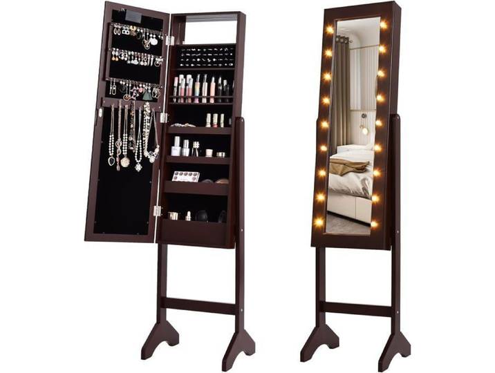 GOPLUS Armoire a Bijoux sur Pied Rangemen avec Miroir Plein Longueur & Lumieres LED sur le Miroir 4 Etageres (Marron)
