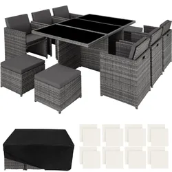 tectake Aluminium Rattan Sitzgruppe York inkl. Schutzhülle - wetterfest Gartenmöbel Set grau