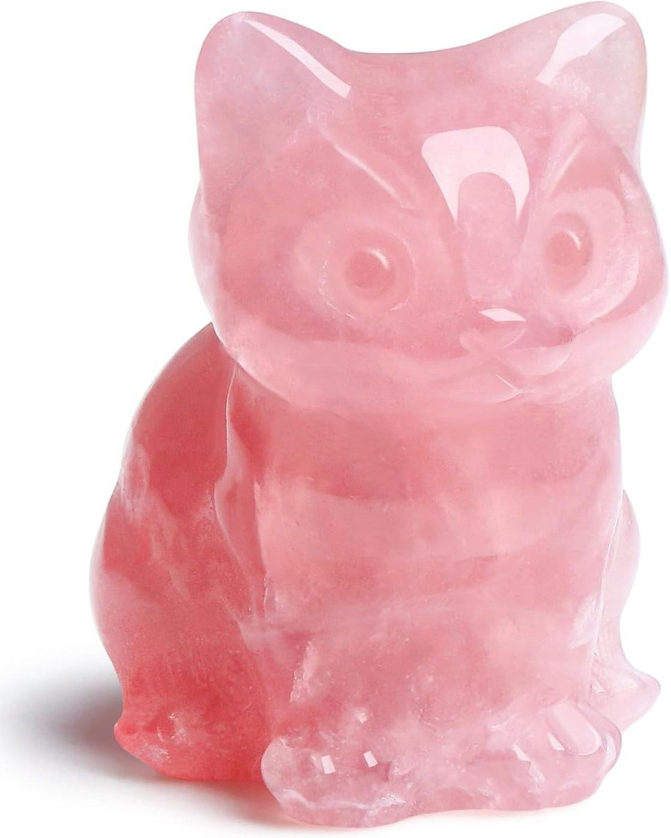 Kristallen Kat Beeldje van Natuurlijke Rozenkwarts - Roze - Hoogte: 3.8 cm