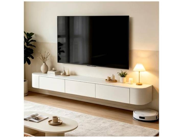 Moderner Schwebender TV-Ständer Mit Stauraum – Wandmontierte Medienkonsole Für Wohnzimmer Und Schlafzimmer – Eleganter TV-Schrank Mit Offenen Regalen Und Versteckten Fächern(Weiß,180cm)