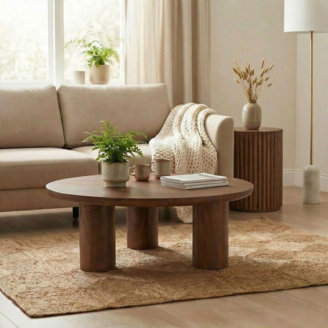 Ivy Bronx Tetto Circular Mango Wooden Three Pillar Coffee Table - Modern Sleek Scandi Design Natural Wood 33cm H X 90cm W X 90cm D