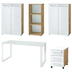 Büro-Set MUENCHEN 5-teilig   Glasfront Abschließbar   Schreibtisch, Container, 2 Schränke, Regal   Chalet-Eiche-Nb./Weiß