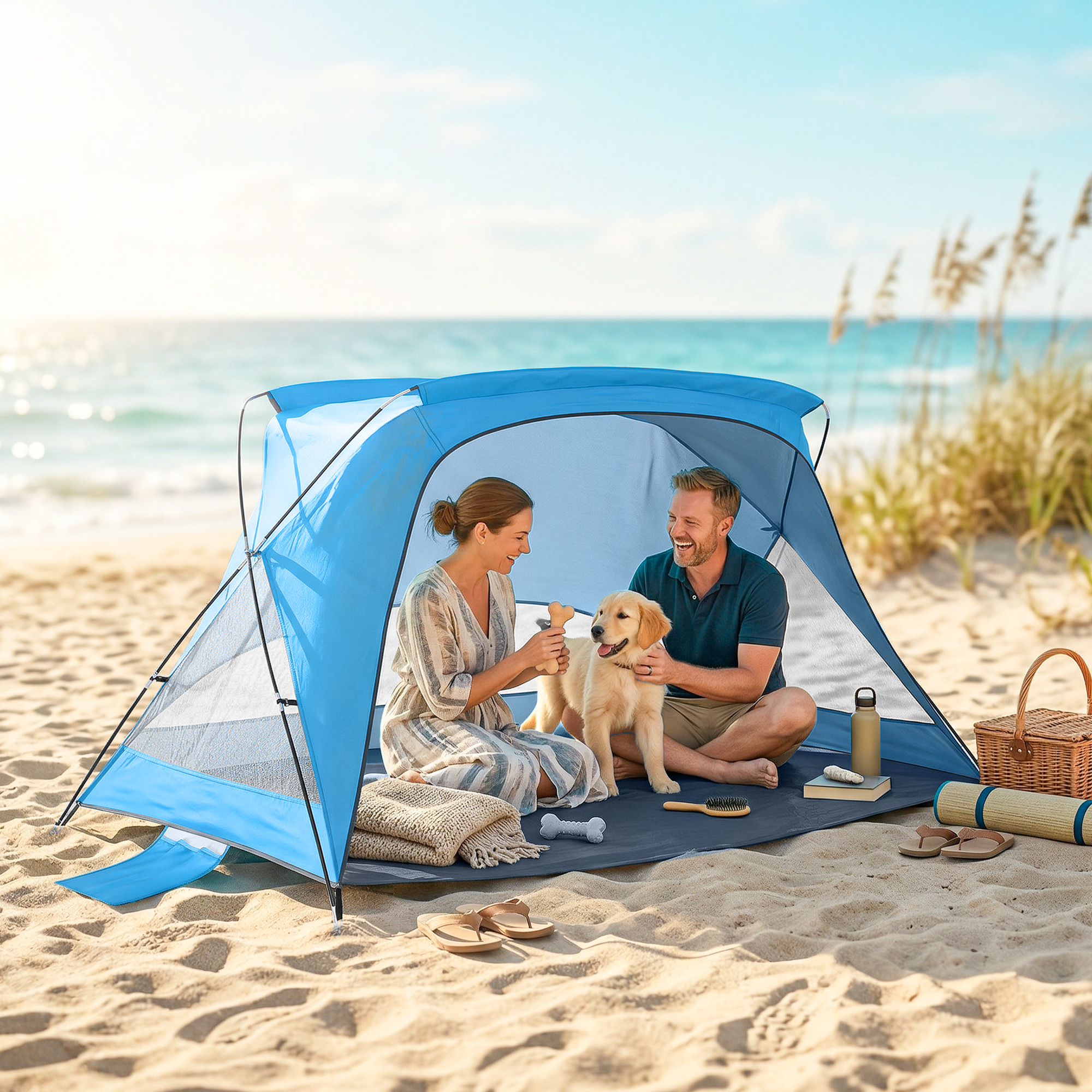 Outsunny Tenda spiaggia UV30+ 2-3 persone con sacchi sabbia, Azzurro   Aosom Italy