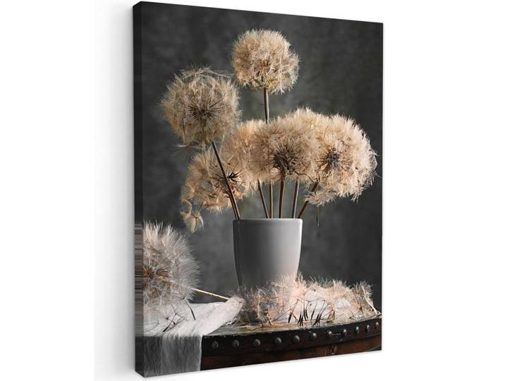 MuchoWow Leinwandbild - Blumensamen - Löwenzahn - Vase - Stilleben - Blumenstrauß - 60x80 - Gemälde, Dunkelgrau, Textil, Kiefer, Abstrakt, Rechteckig, 60x80 cm, gerahmt, Bilder & Rahmen, Bilder, Wandbilder