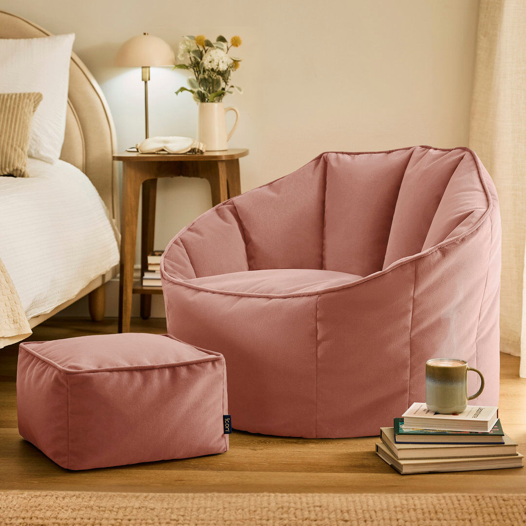 icon Sirena Scallop Chair Bean Bag and Footstool Ochre Yellow Velvet Bean Bags Dusk Pink