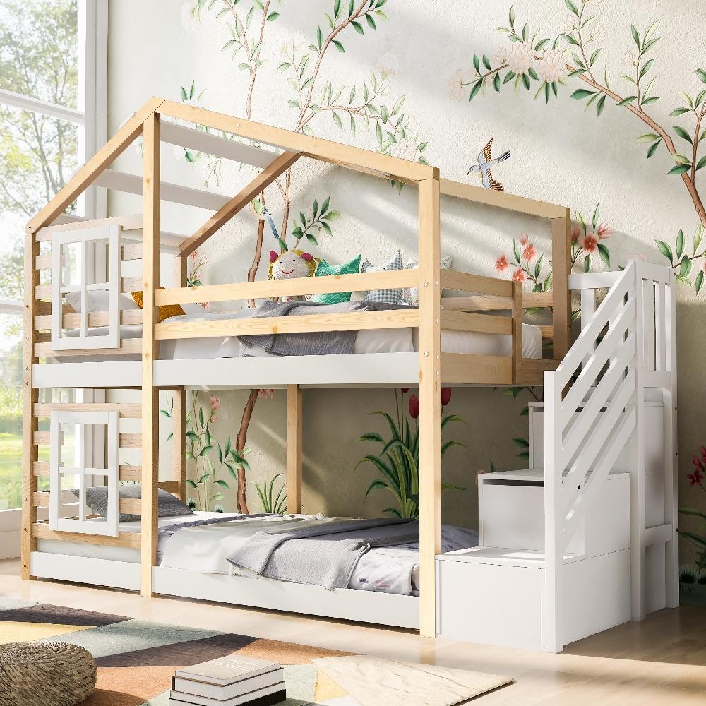 Kinderbett Baumhaus 90x200cm Etagenbett für Kinder mit Fensterdesign, Natur Weiß aus Kiefer Massivholz und MDF, mit Schubladen und Stauraumtreppe